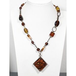 Icing Bronze Tone Brown Glass Square Pendant Beaded Necklace 19"